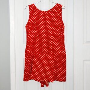 1960s SKORT dress, romper scooter dress, XL Bust 44, red with white polka dots